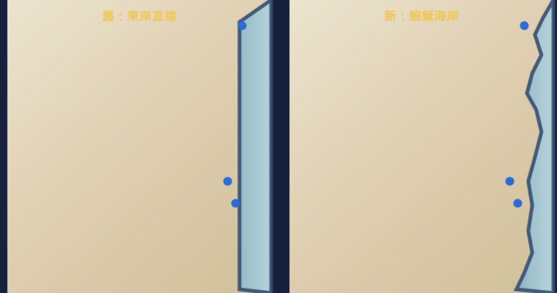 海岸線對照（左：舊直線 ／ 右：新曲線）